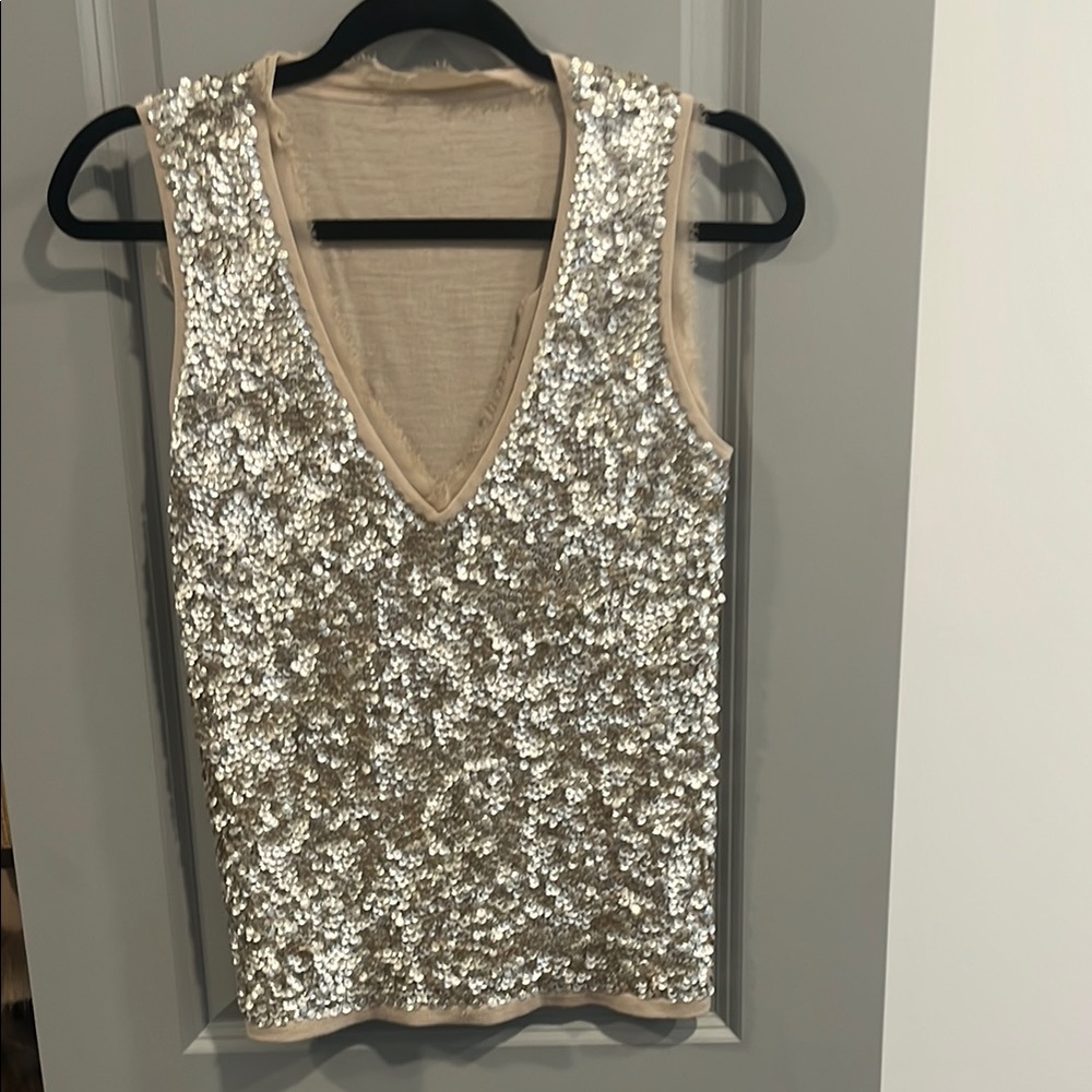 Cream and Silver Sequin Sleeveless Tank Top